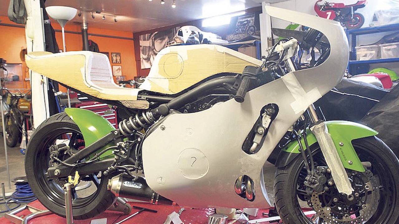<em>The cardboard mock-up of the soon-to-exist custom tank and tail section.</em>