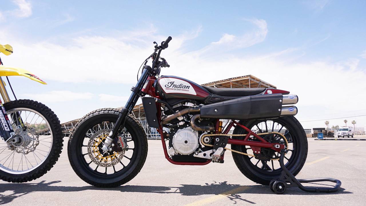 The Indian FTR750 modified by Roland Sands that Pastrana plans to jump.