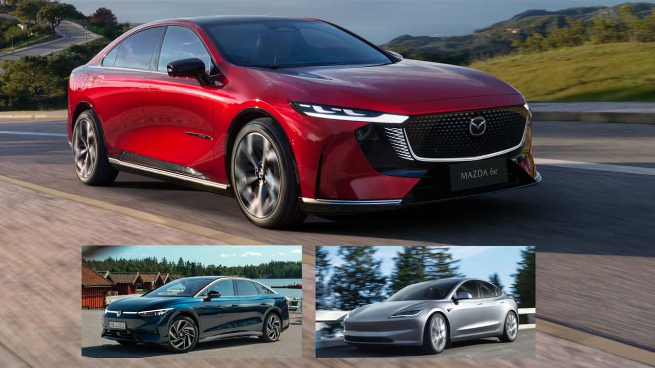 Mazda 6e mit den Rivalen VW ID.7 und Tesla Model 3