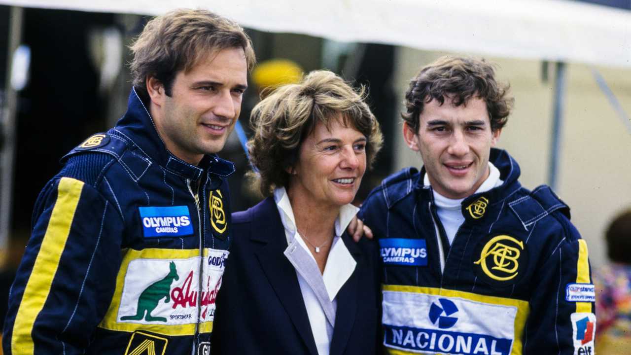Elio de Angelis and Ayrton Senna with Hazel Chapman at British GP 1985