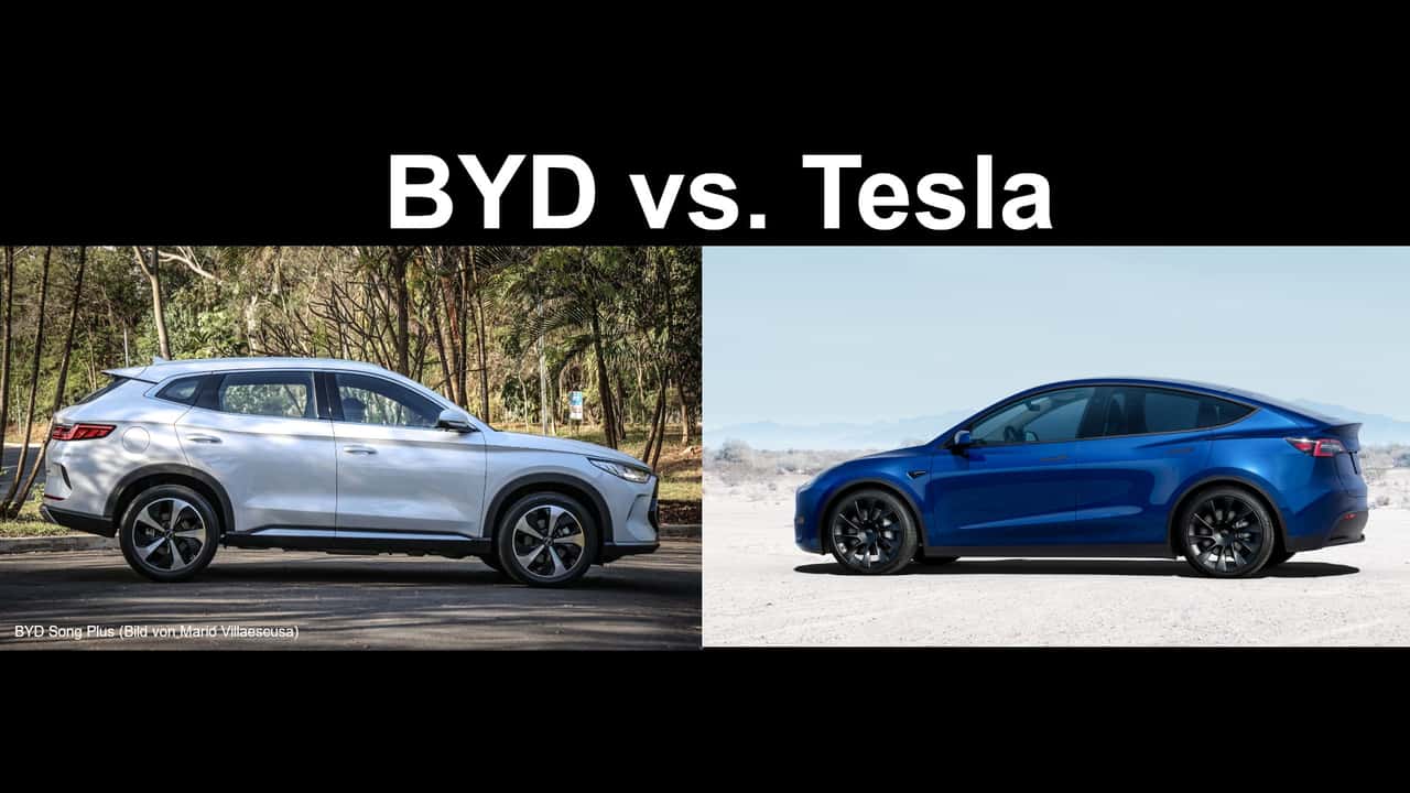 Collage BYD Song Plus und Tesla Model Y