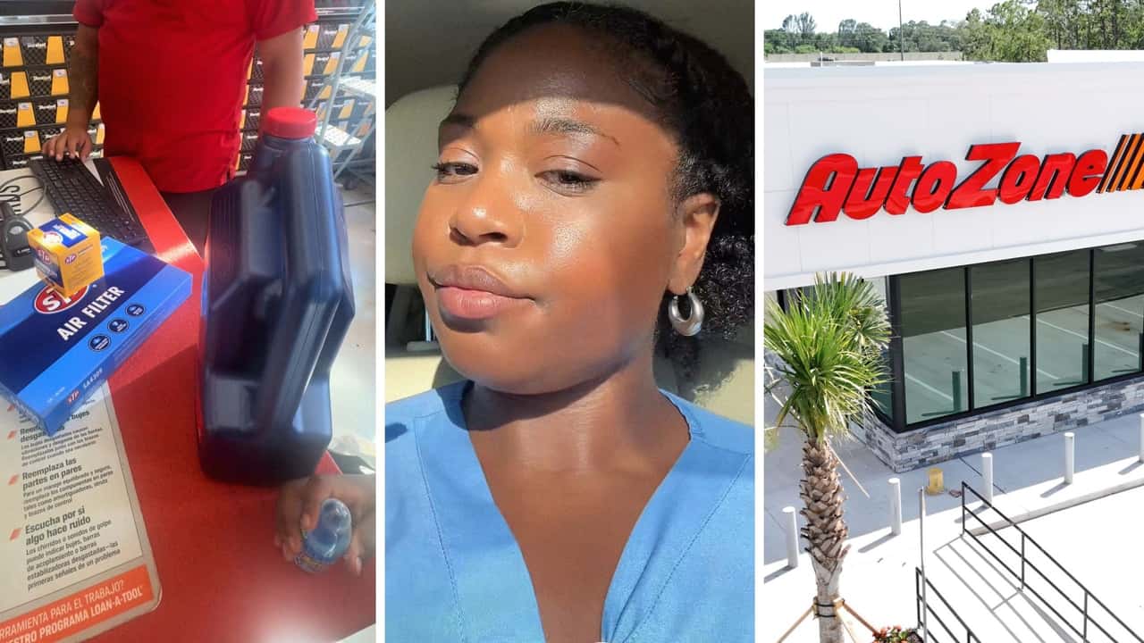 Woman needs an oil change. Then she goes to AutoZone
