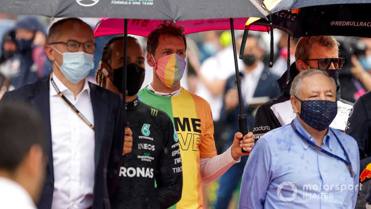 Stefano Domenicali, Lewis Hamilton, Sebastian Vettel, Jean Todt at Hungarian GP 2021