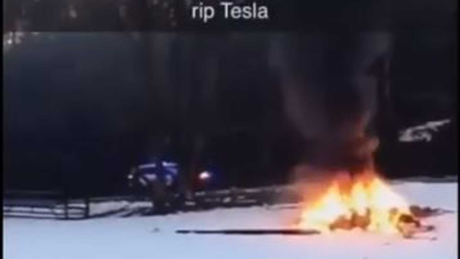Watch speeding Tesla Model S hit stone ledge, burst into flames