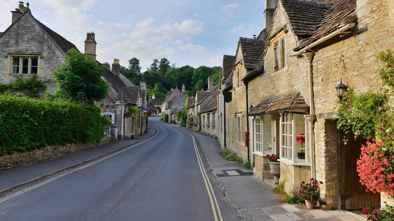 Empty road and terraced cottages in a English village