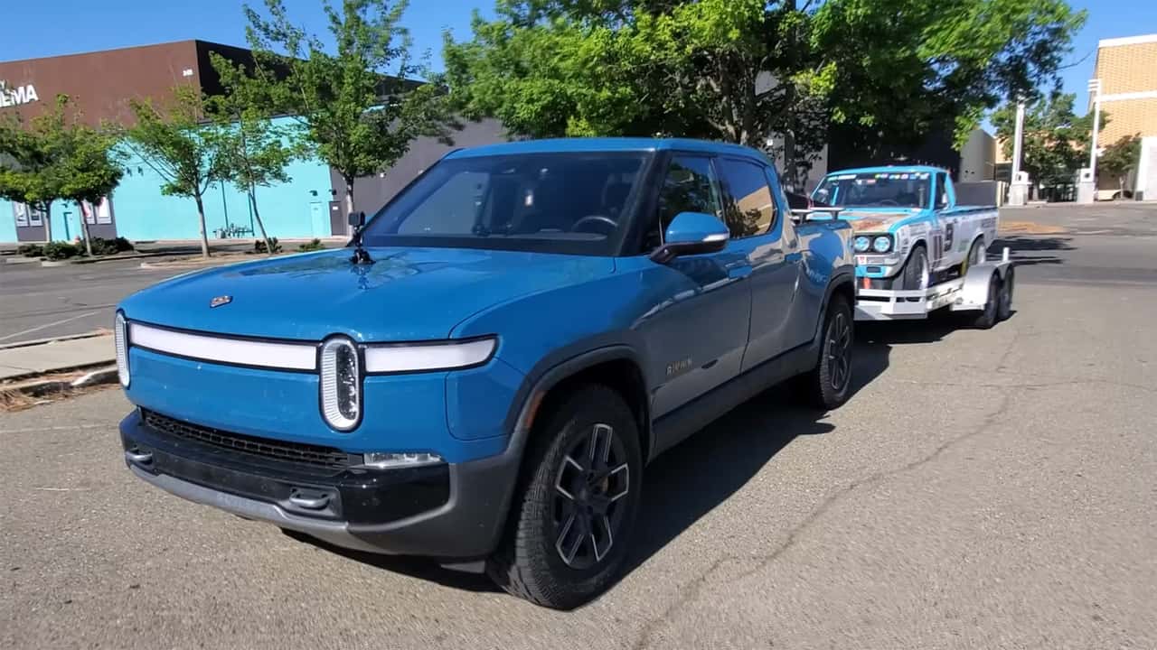 Rivian R1T towing a 4,500-pound trailer