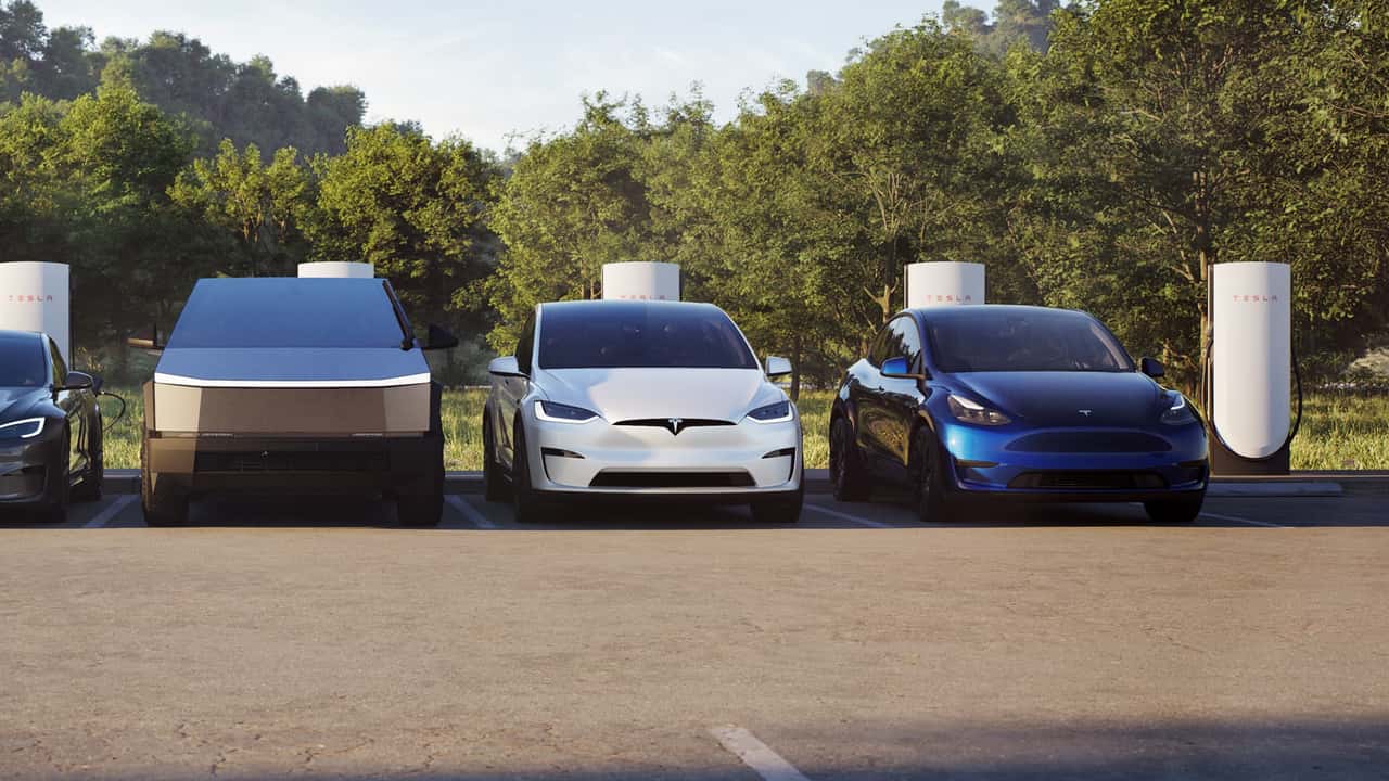 Tesla EVs at V4 Supercharging station. From left: Cybertruck, Model X and Model Y
