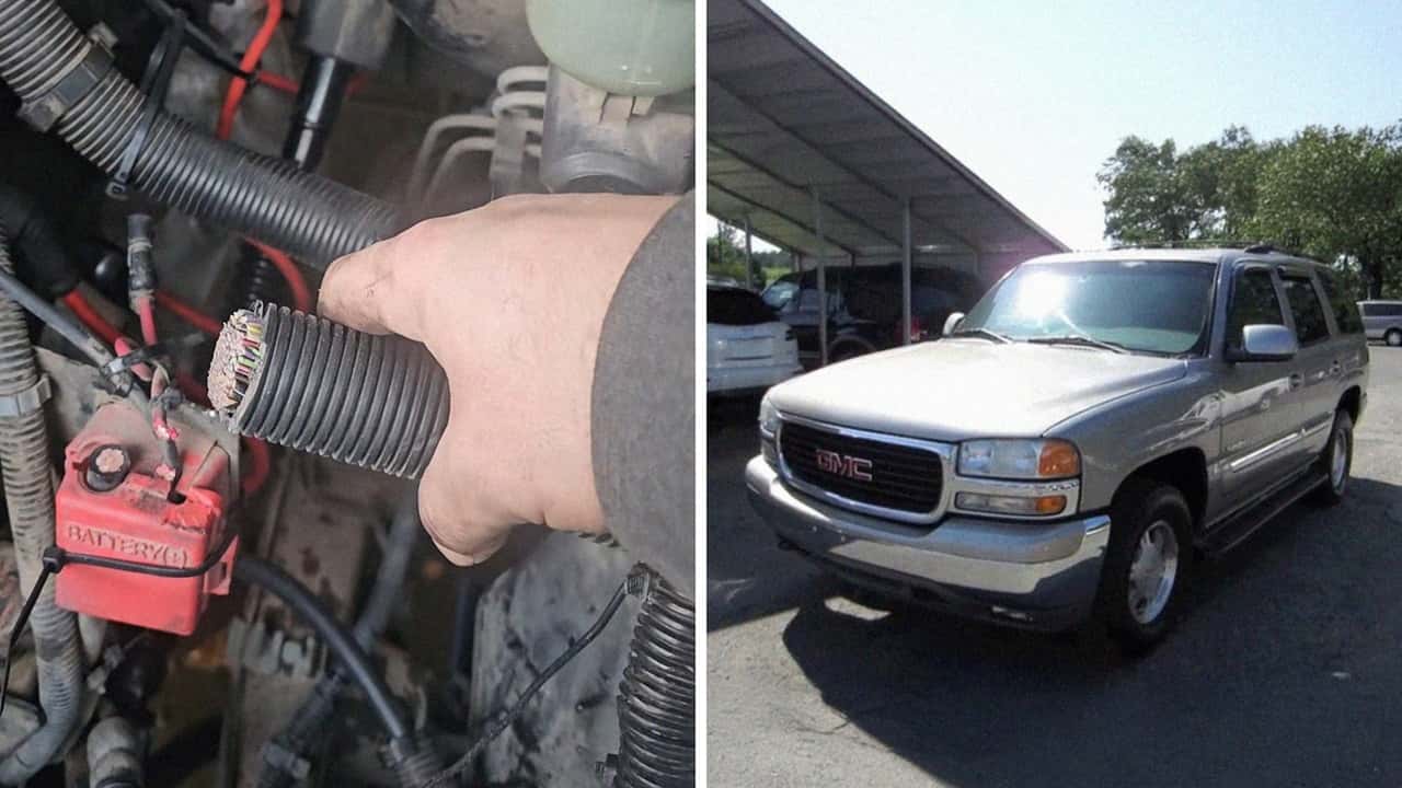 Man cuts a hose in half while working on his GMC Yukon. Then he realizes what's inside