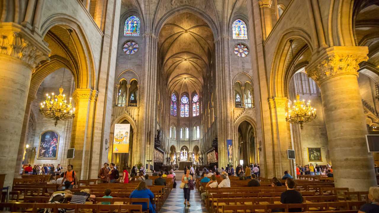 Tourists visiting Notre Dame cathedral in Paris France