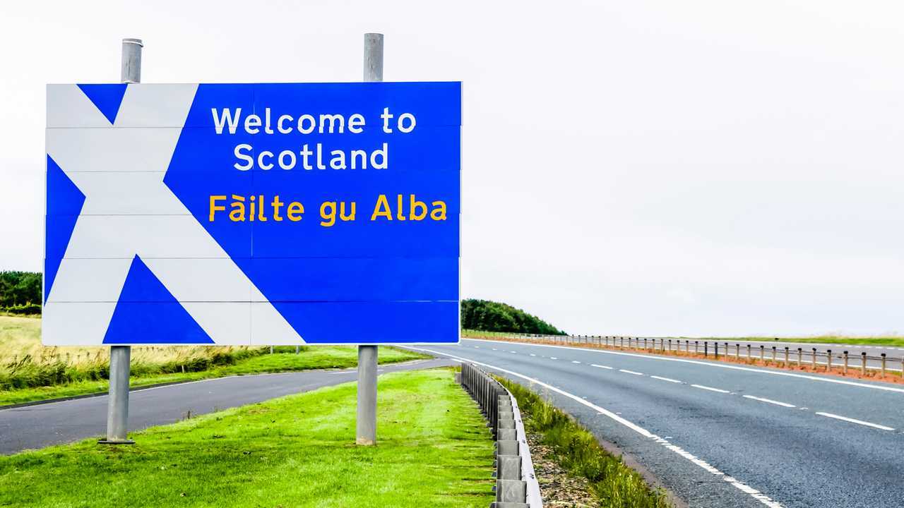 Welcome to Scotland road sign at the Scotland-England border on the A1