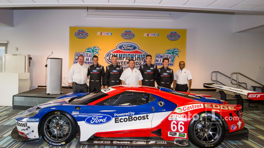 Chip Ganassi Racing Ford GTLM drivers for IMSA and Le Mans: Dirk Müller, Joey Hand, Richard Westbrook and Ryan Briscoe with Dave Pericak and Raj Nair from Ford, and Chip Ganassi