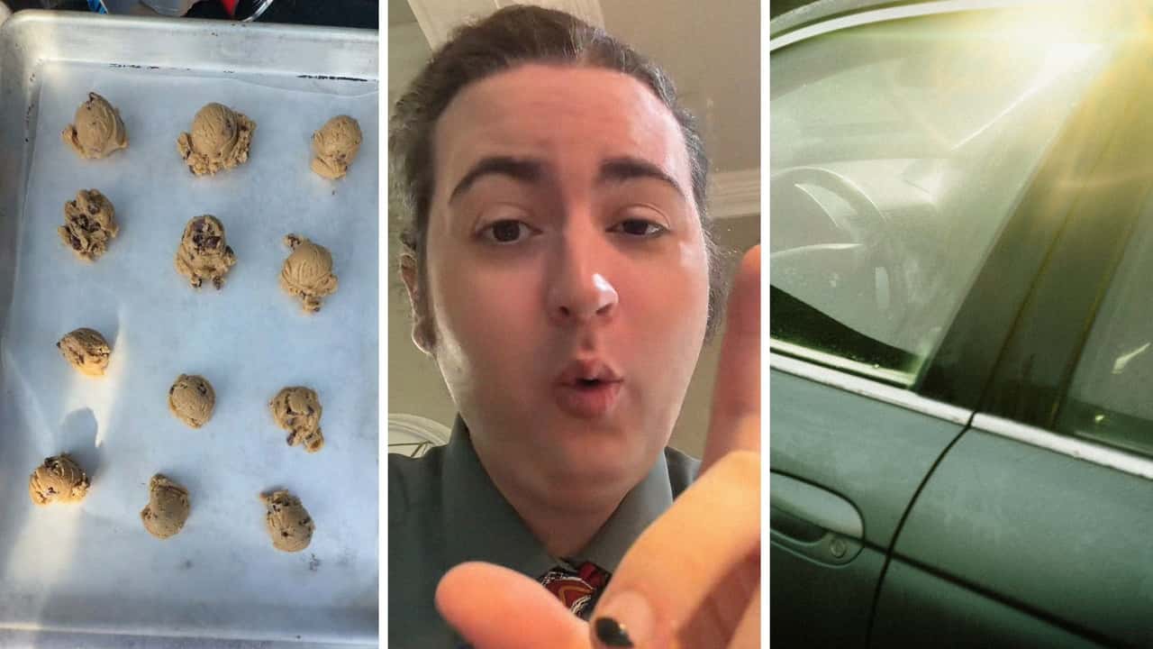 Man has to work a 12-hour shift in a 101-degree day. Before he clocks in, he puts raw cookies on a baking sheet in his car