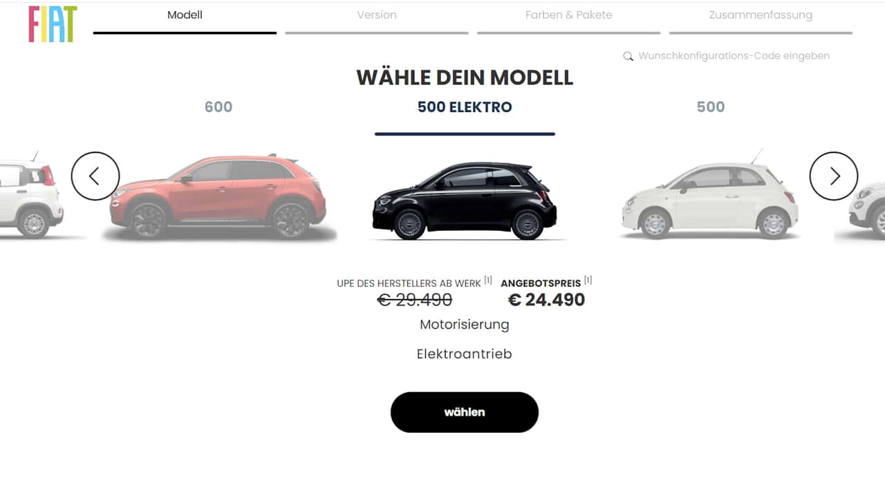 Fiat 500 Elektro mit Angebotspreis (Screenshot von der Fiat-Website)