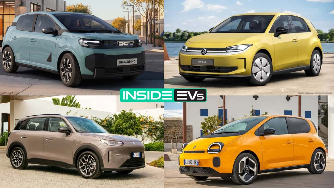 Collage mit vier der günstigsten Elektroautos auf dem Markt