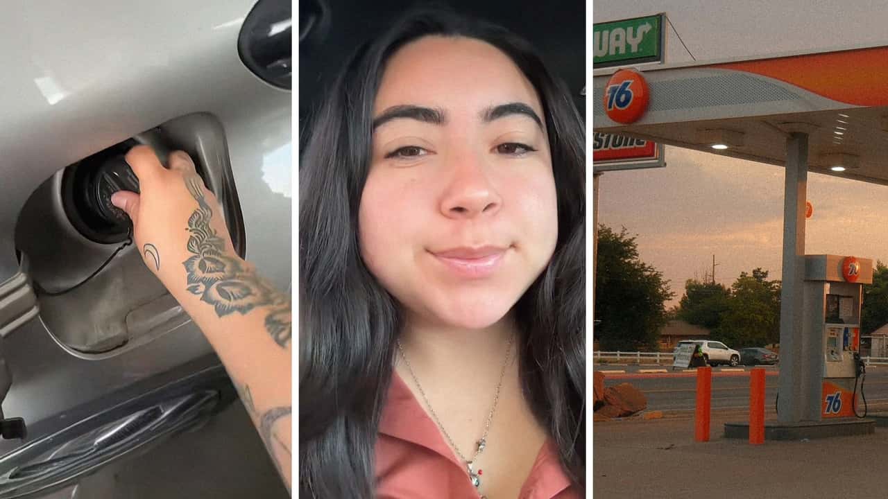 Woman goes to 76 gas station. Then she enters a secret code to preset how much she wants to pump
