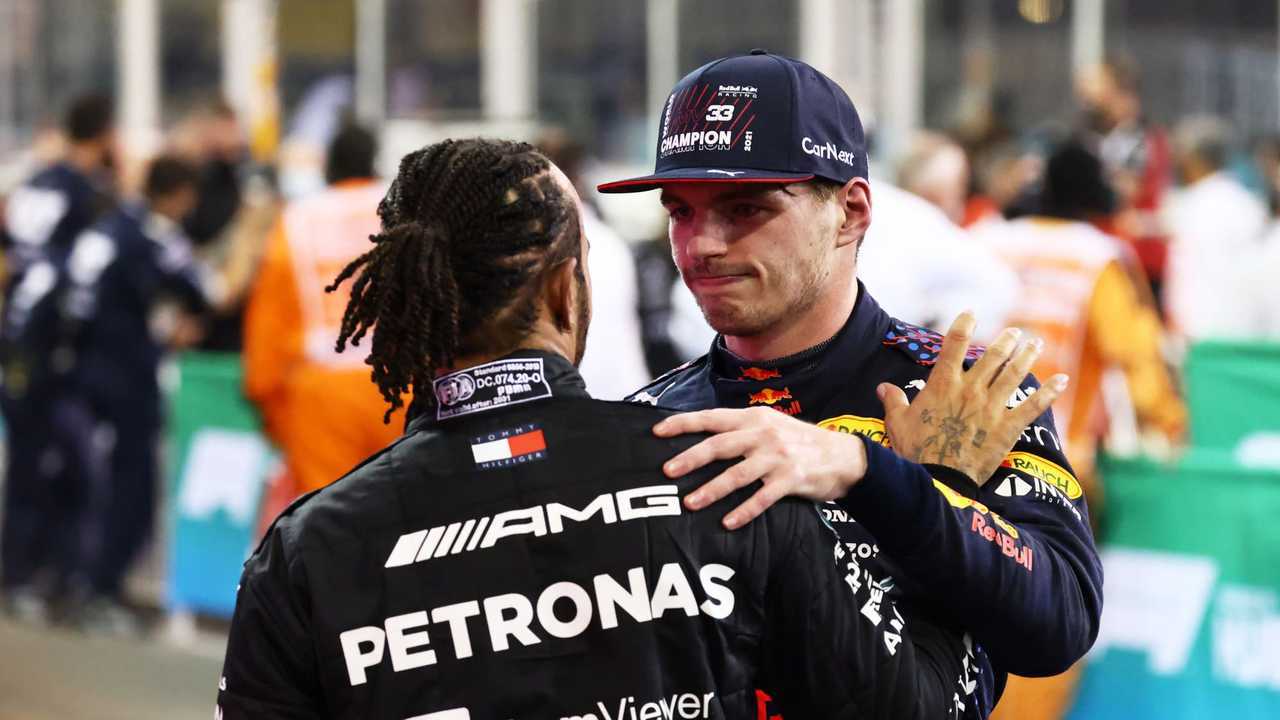 Lewis Hamilton, Mercedes, 2nd position, congratulates Max Verstappen, Red Bull Racing, 1st position, in Parc Ferme