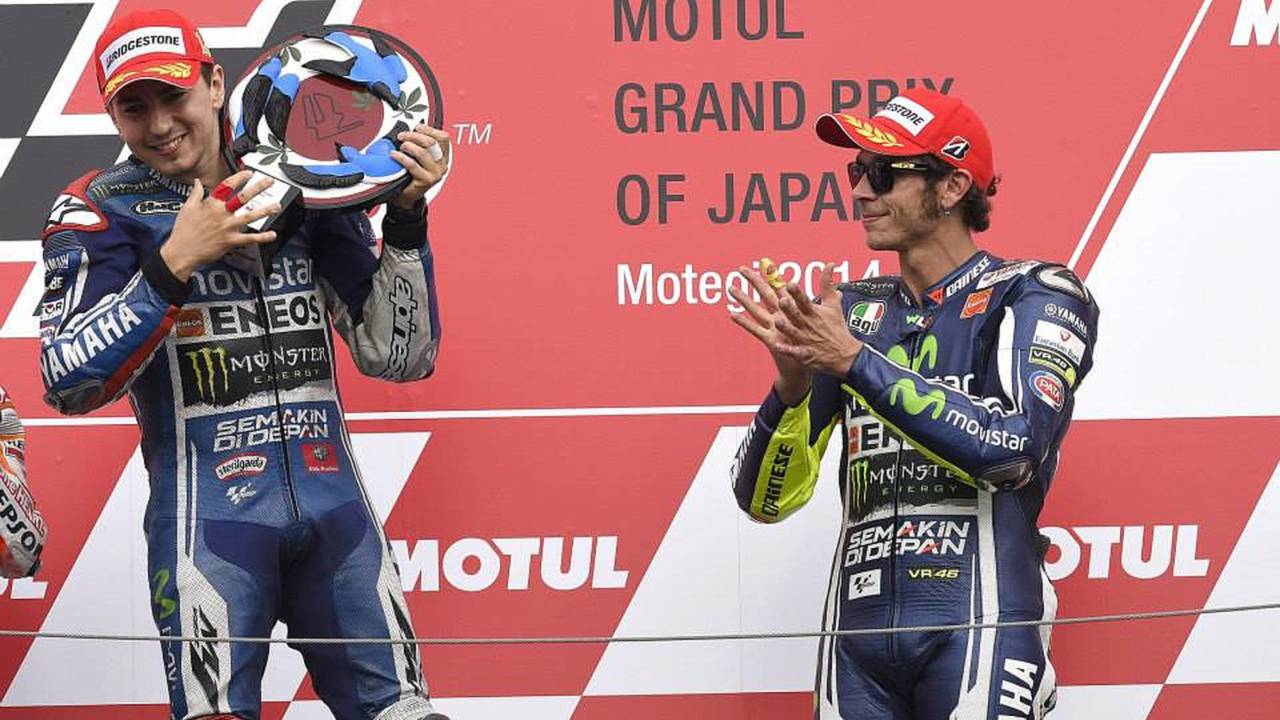 Lorenzo and Rossi celebrate on the podium at Motegi. Their relationship has not always been so rosy. (Photo courtesy Yamaha Racing.)