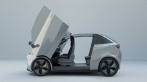 Tesla mini electric car rendering side view doors open