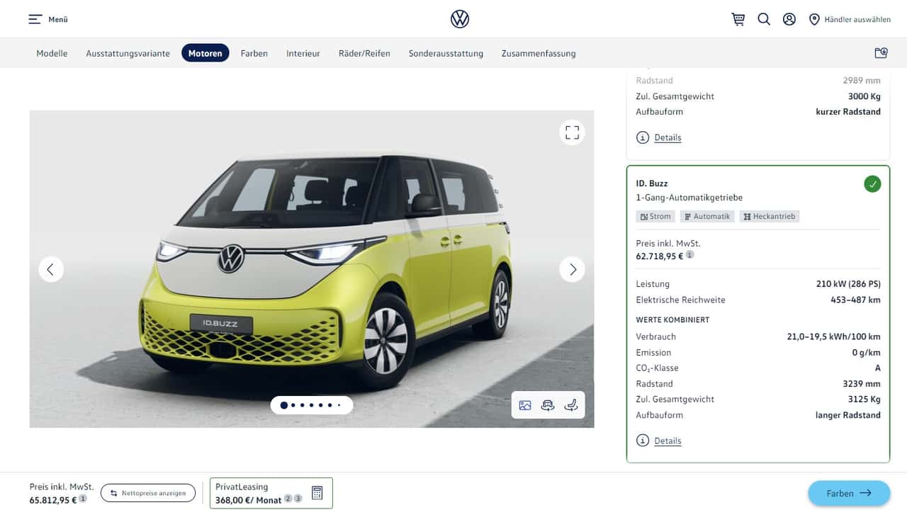 VW ID Buzz LWB im Konfigurator (Screenshot)