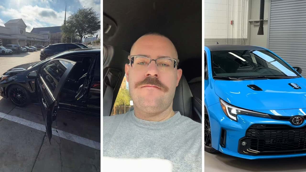  Blue Toyota Corolla driver sits in his car. Then a Black Toyota Corolla pulls up. The driver speaks