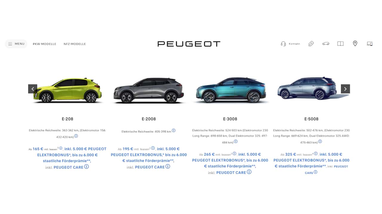 Peugeot-Rabatte (Screenshot von der Peugeot-Website)