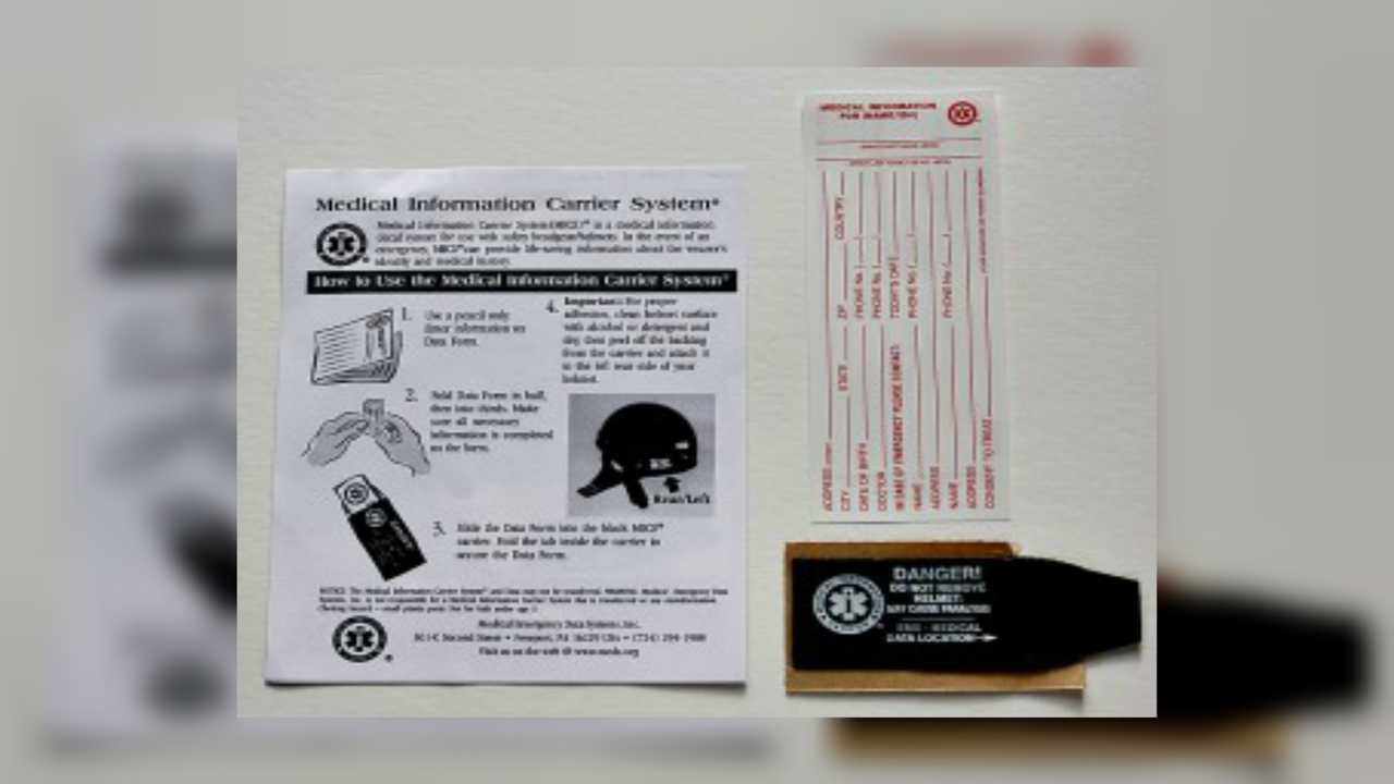 Motorcycle Helmet Medical Info Carrier Contents
