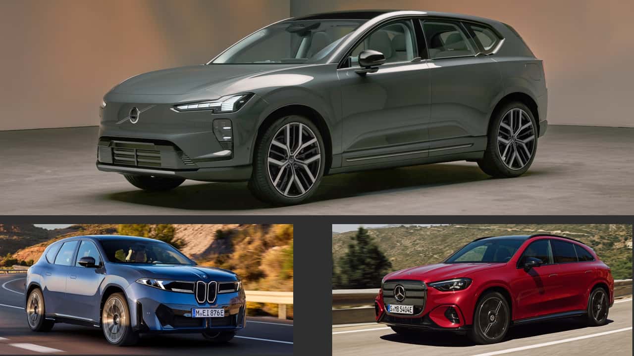 Collage: Volvo EX60, BMW iX3 und Mercedes GLC EQ