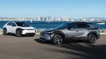 2023 Toyota bZ4X XLE FWD in Wind Chill Pearl paint and 2023 Toyota bZ4X Limited AWD in Heavy Metal paint