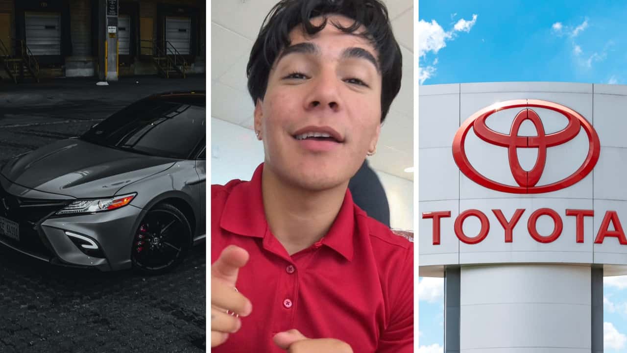 Toyota salesman helps woman who comes in looking for Camry.