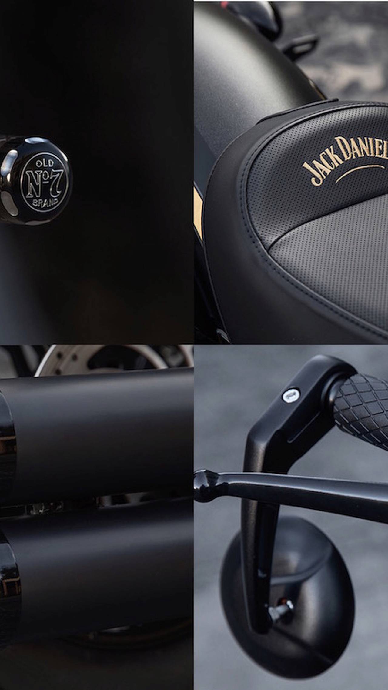 The custom grips, seat, and exhaust tips on the Jack Daniel's Scout Bobber.