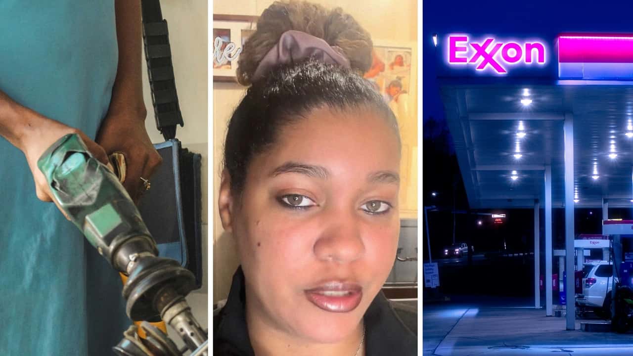 Woman fills up at Exxon. Then she notices the display is now completely different
