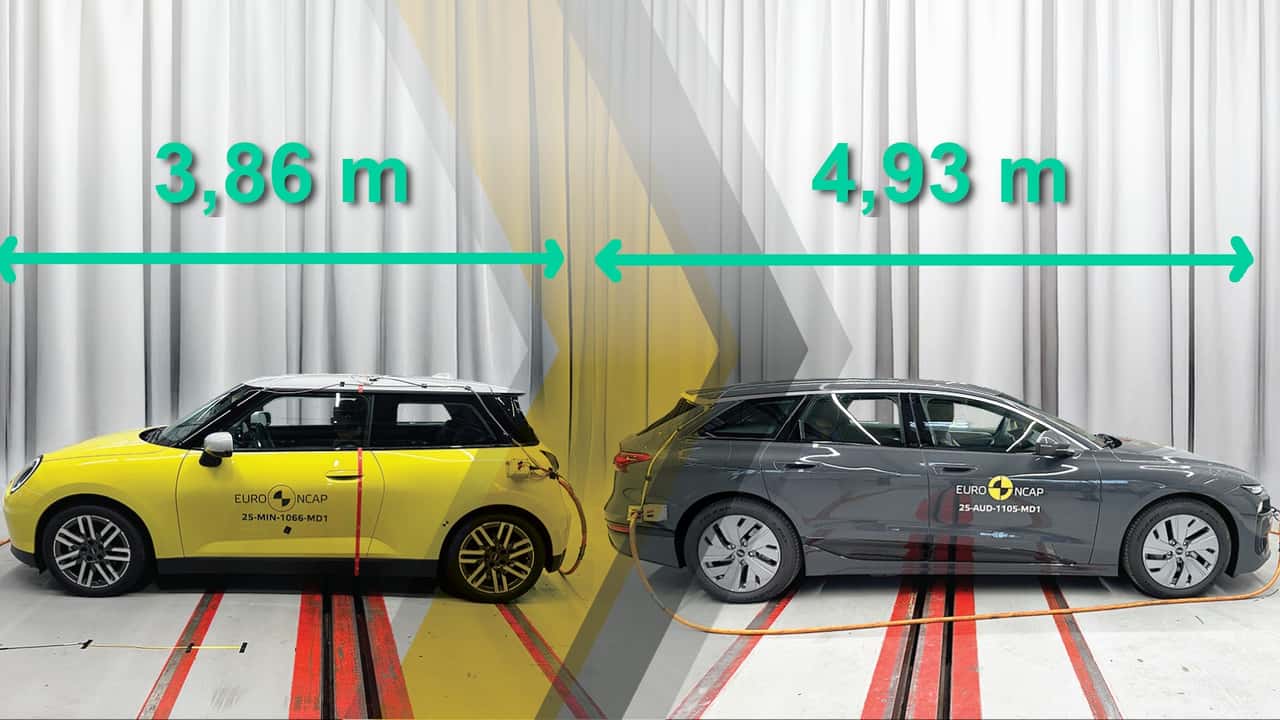 Mini Cooper E und Audi A6 Avant e-tron nebeneinander (mit Längenangaben) 