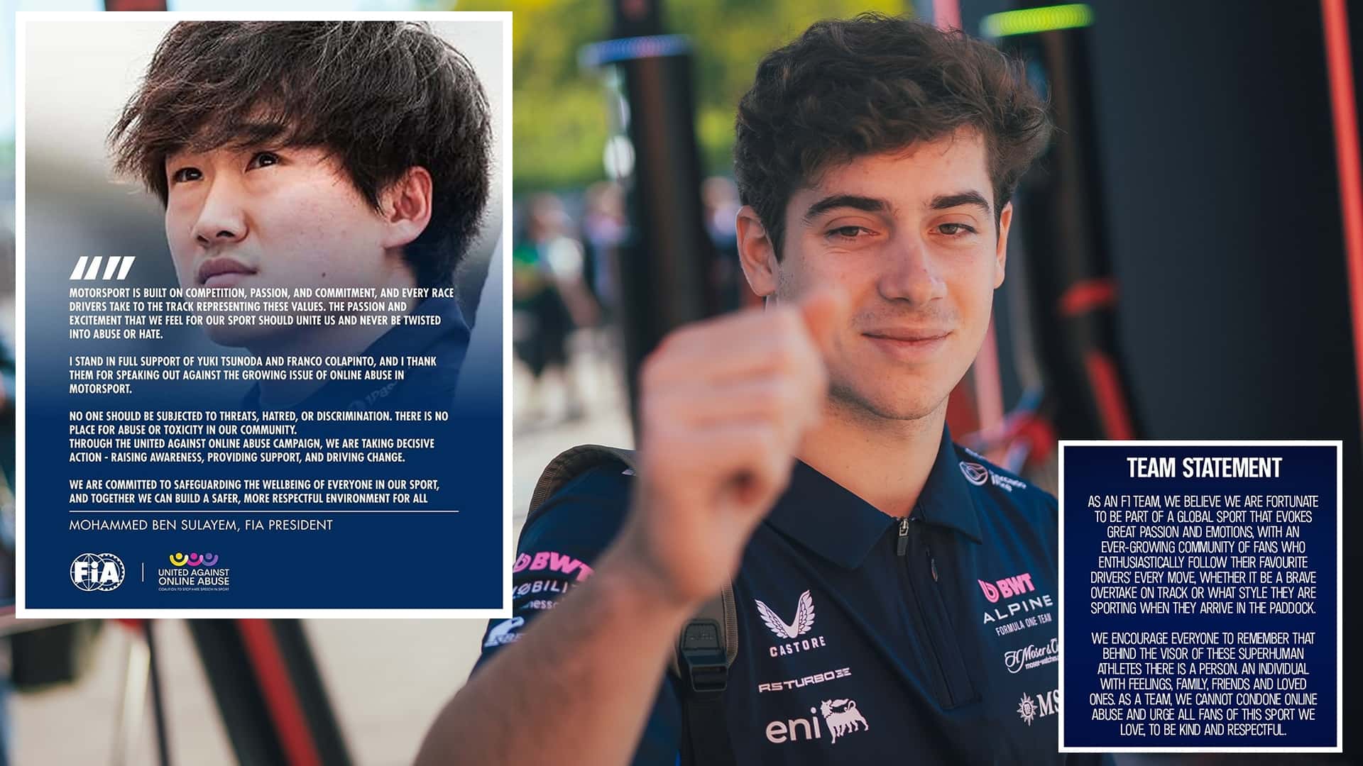 La FIA, Alpine y dos pilotos condenaron los insultos de fans de Colapinto