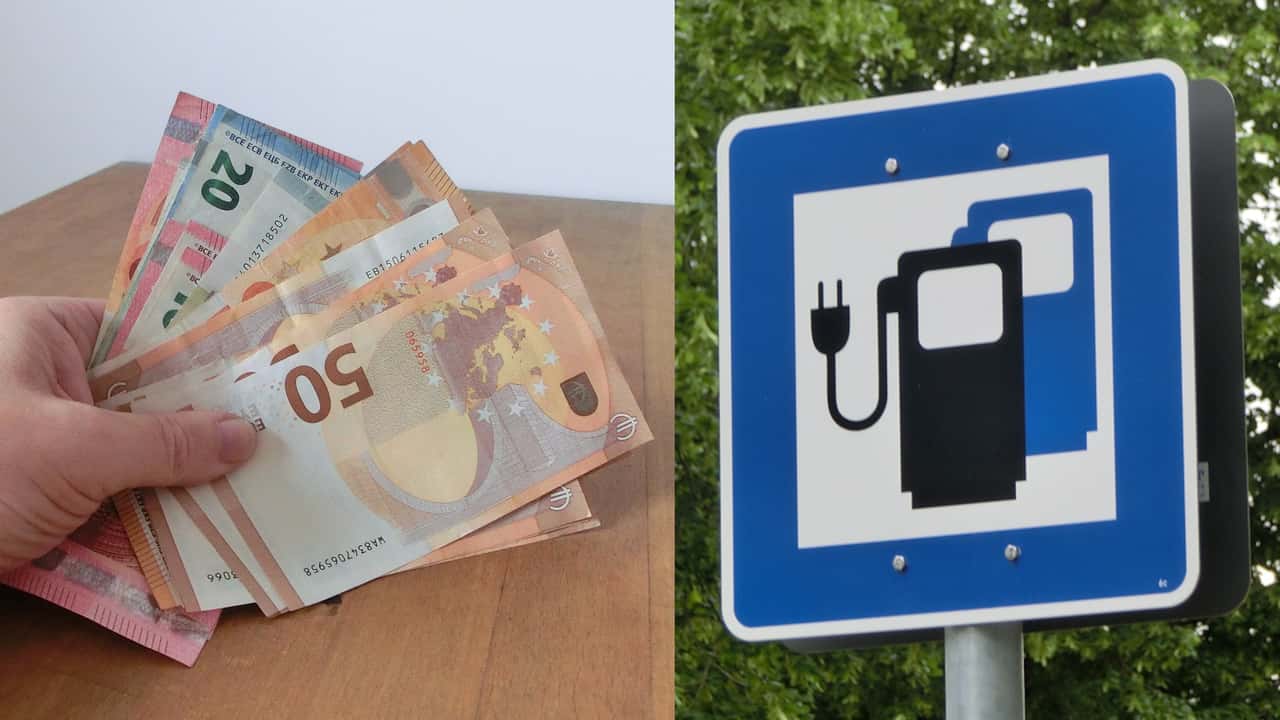 Collage: Bargeld und Verkehrsschild 'Elektroauto laden'