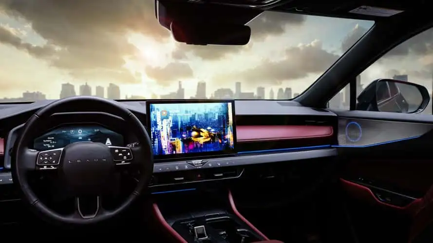 2027 Lexus NX interior showing redesigned dashboard with 14-inch touchscreen standard and new steering wheel with LEXUS lettering