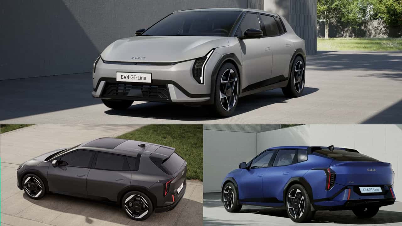 Kia EV4: Collage aus drei Fotos (Limousine und Schrägheckversion)