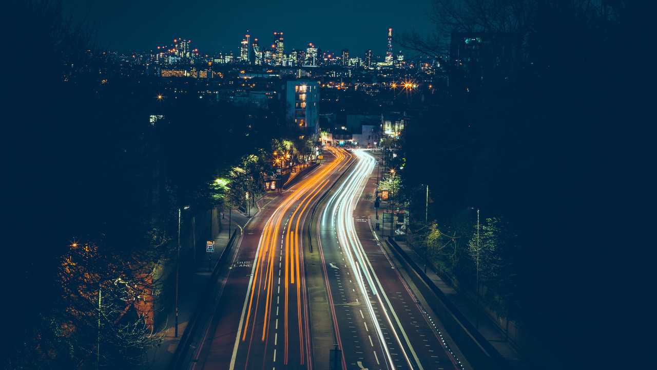 Nightime view of motorway leading to London
