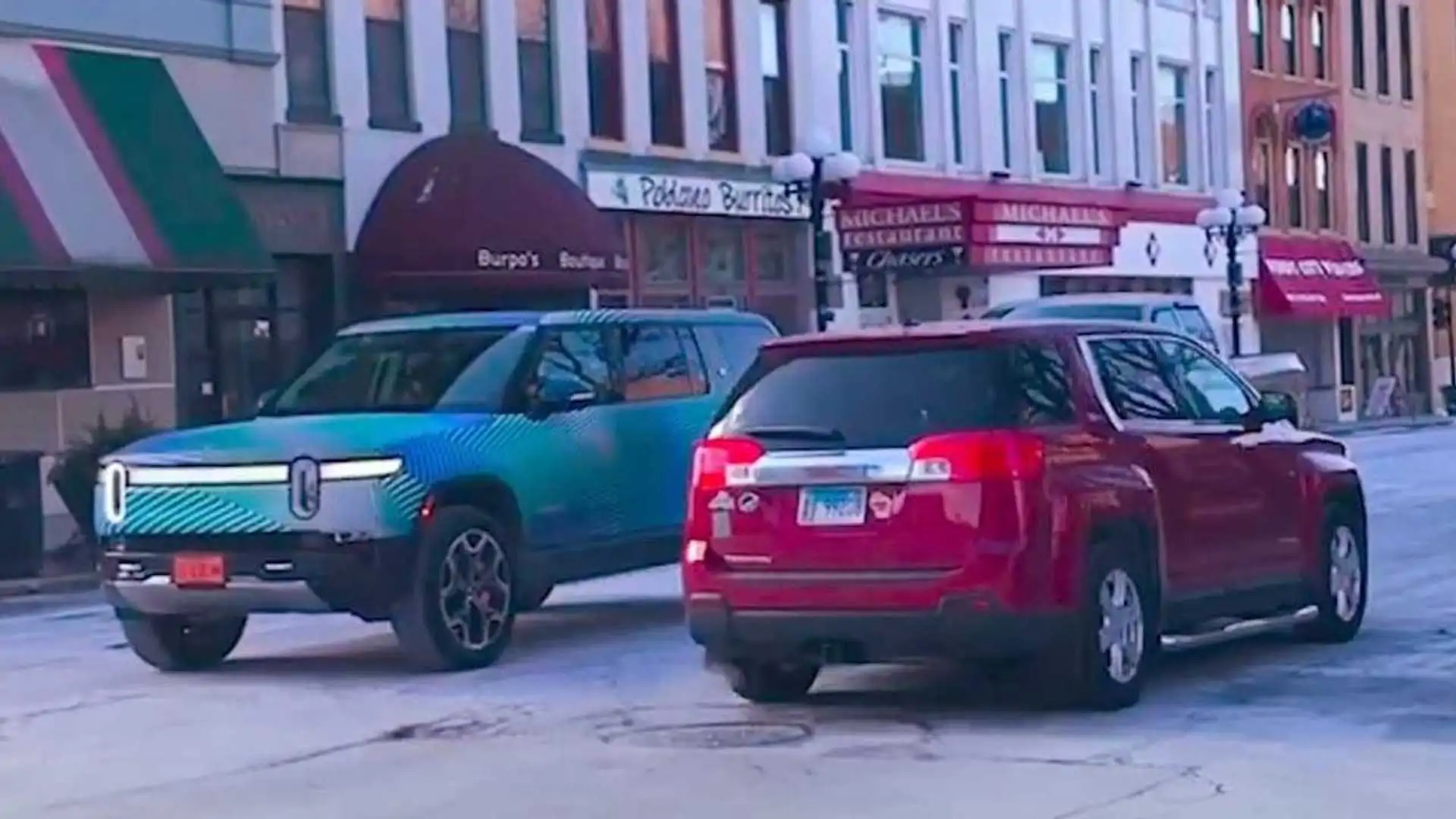 Rivian Video: Real life look at R1S vs Ram 1500, GMC Terrain, Chevy Suburban [@ downtown Bloomington] {filename}