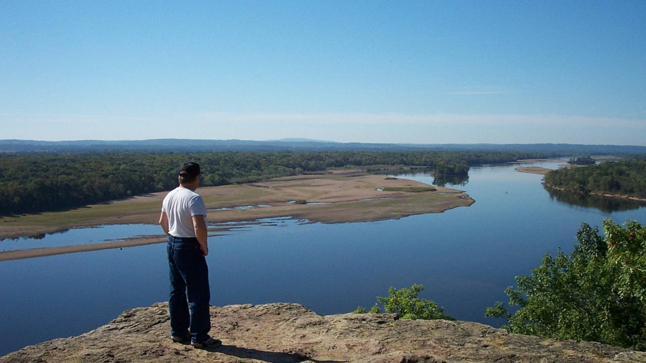 The view from atop Cactus Bluff includes the Wisconsin River and the Blue Mounds on the horizon in the distance.