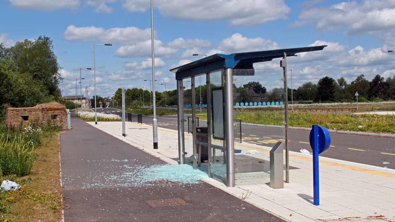 Vandalised bus stop on the Cambridgeshire guided bus way