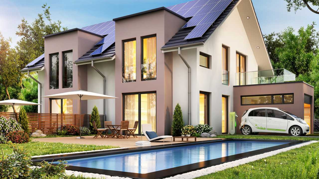 Modern house with electric car charging illustration rendering