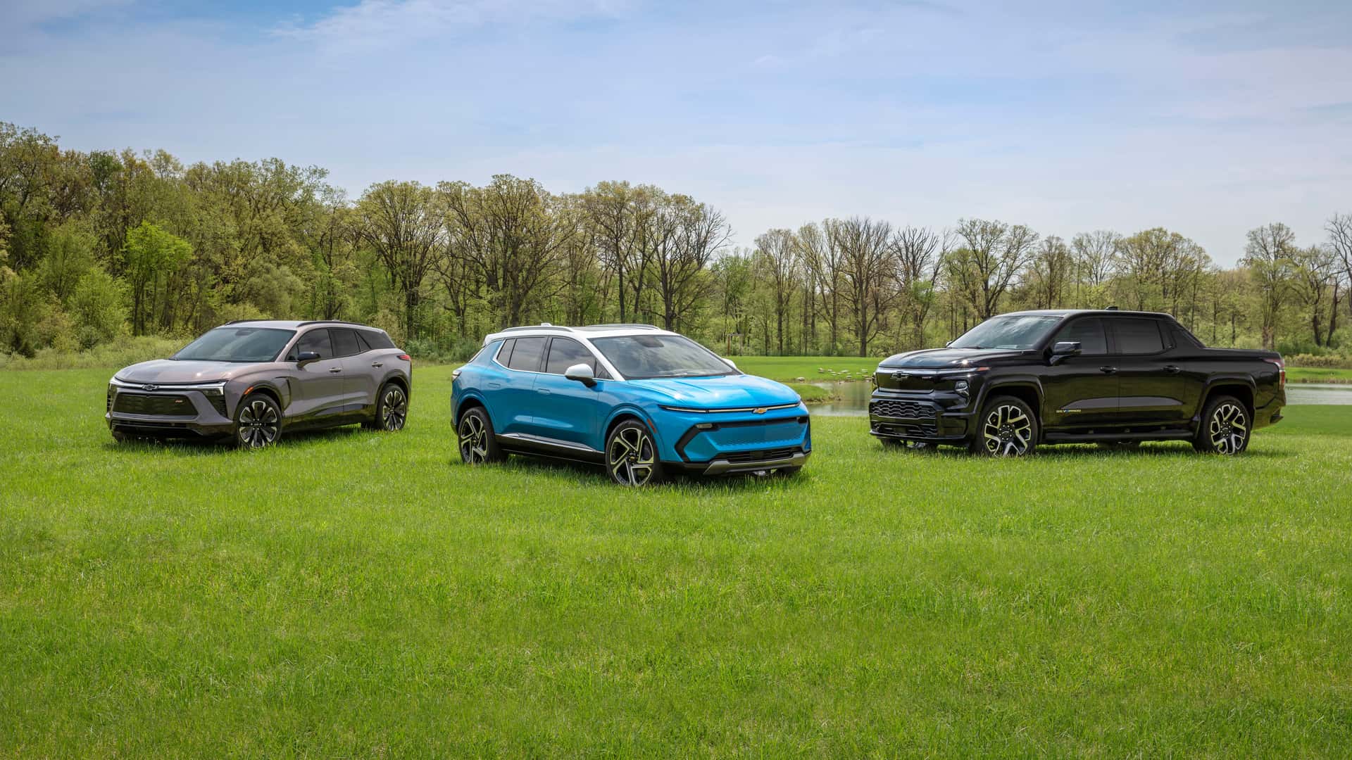 From left: 2024 Chevrolet Blazer EV, 2024 Chevrolet Equinox EV, 2024 Chevrolet Silverado EV RST