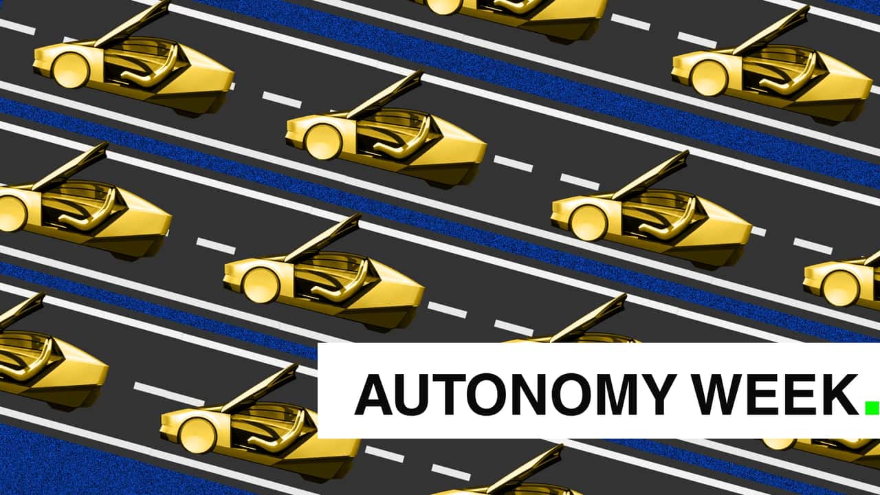 A graphic features dozens of Tesla Robotaxi designs diagonally driving across roads. 