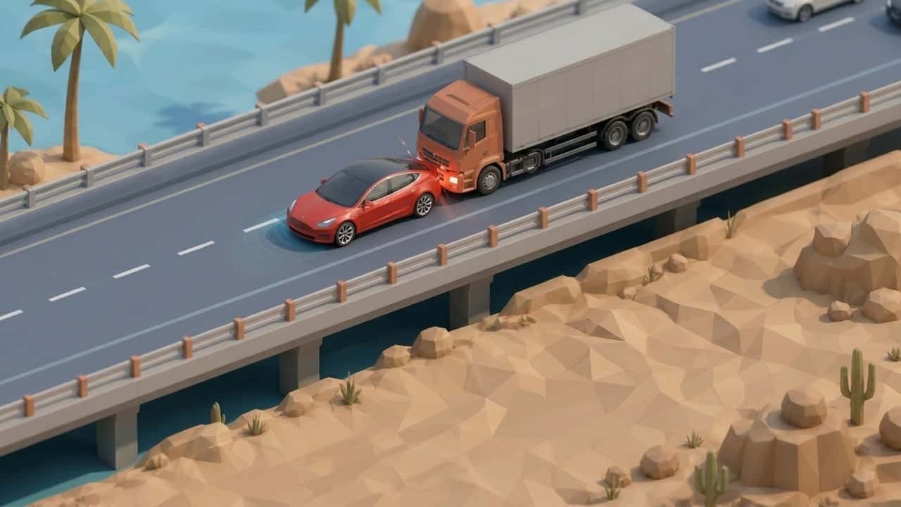 Tesla Model 3 ferma di notte in autostrada: un camion la travolge