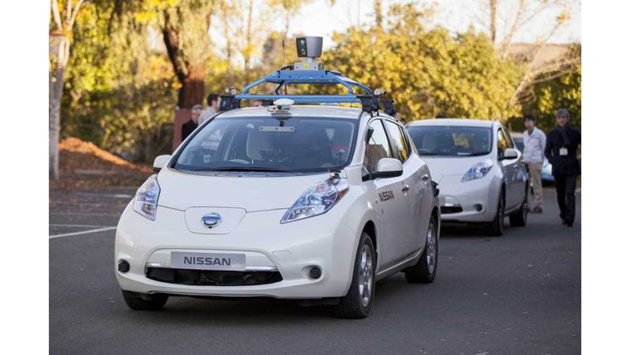 The Current Autonomous Drive Nissan Leaf Showing Off Outside Nissan's Research center in Silicon Valley.