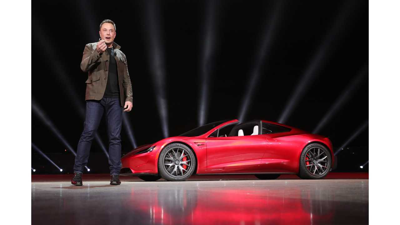 Elon Musk with the new Tesla Roadster at the electric semi reveal event.