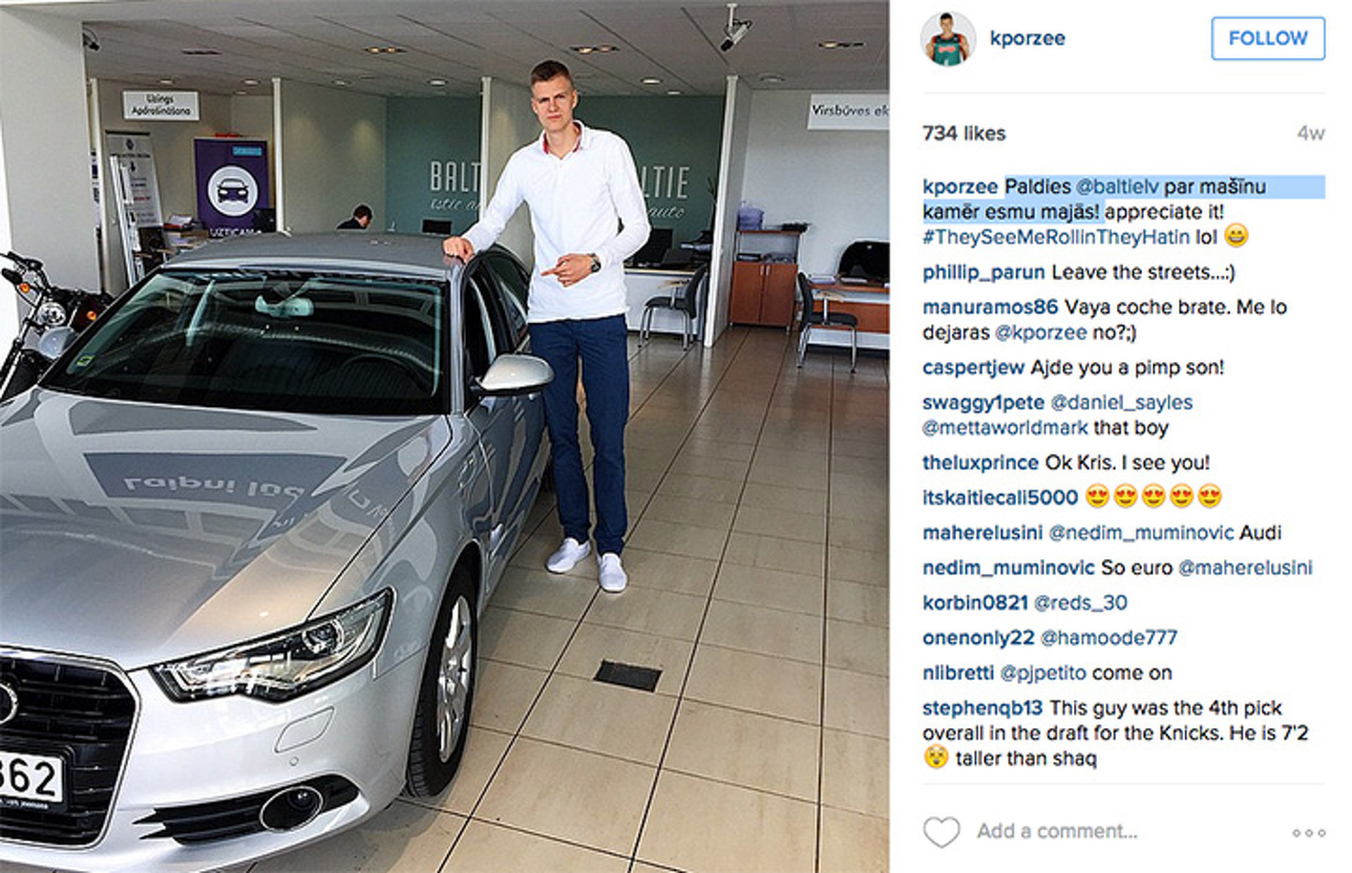 Knicks Draft Pick Kristaps Porzingis Loves 'Riding Dirty' in Audis