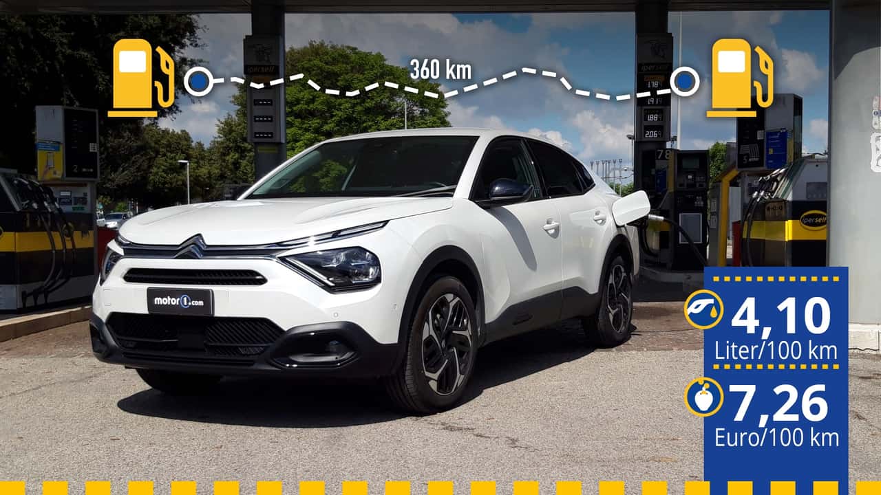 Der getestete Citroen C4 X an der Tankstelle mit Angabe von Verbrauch und Spritkosten