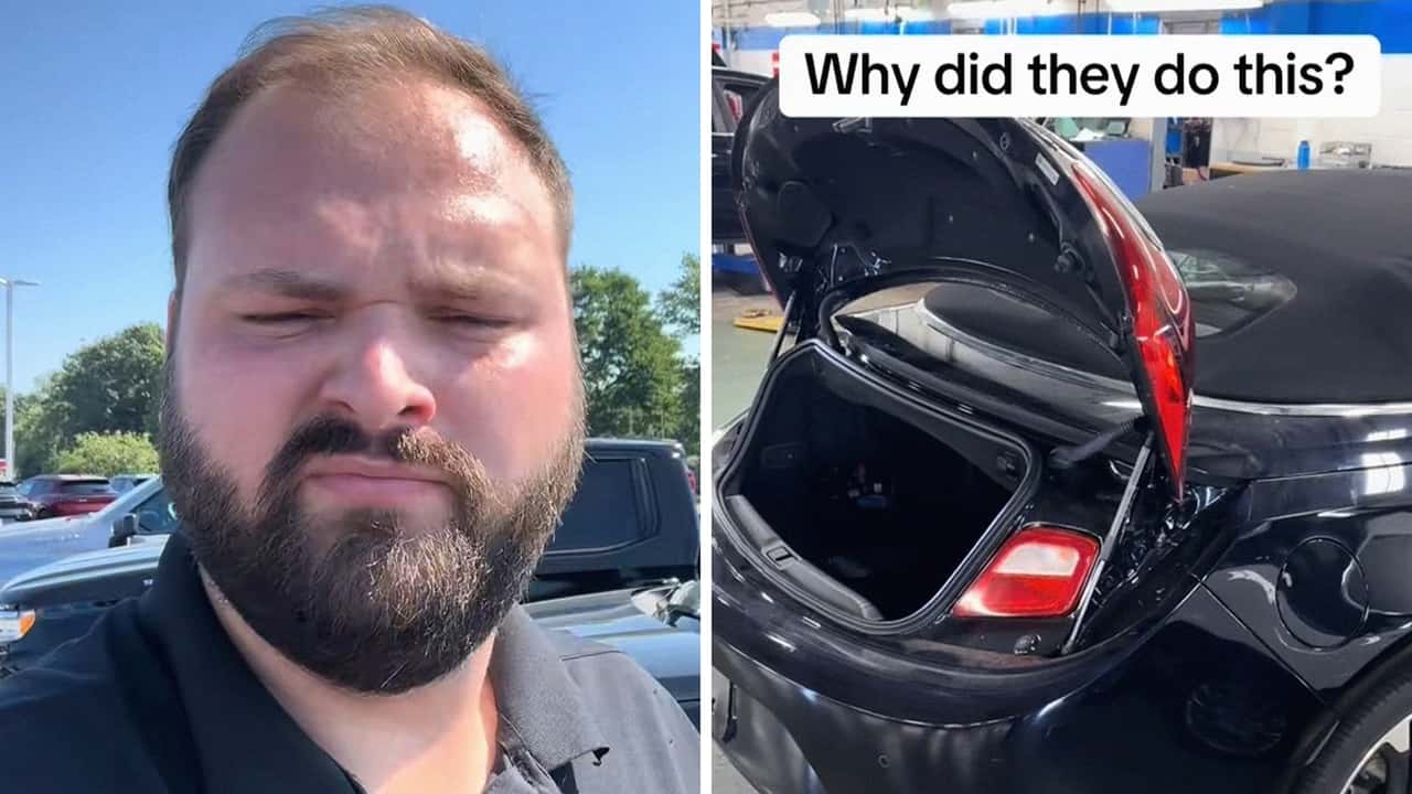 Salesman checks over Buick Cascada. Then he's taken aback by its unusual trunk design