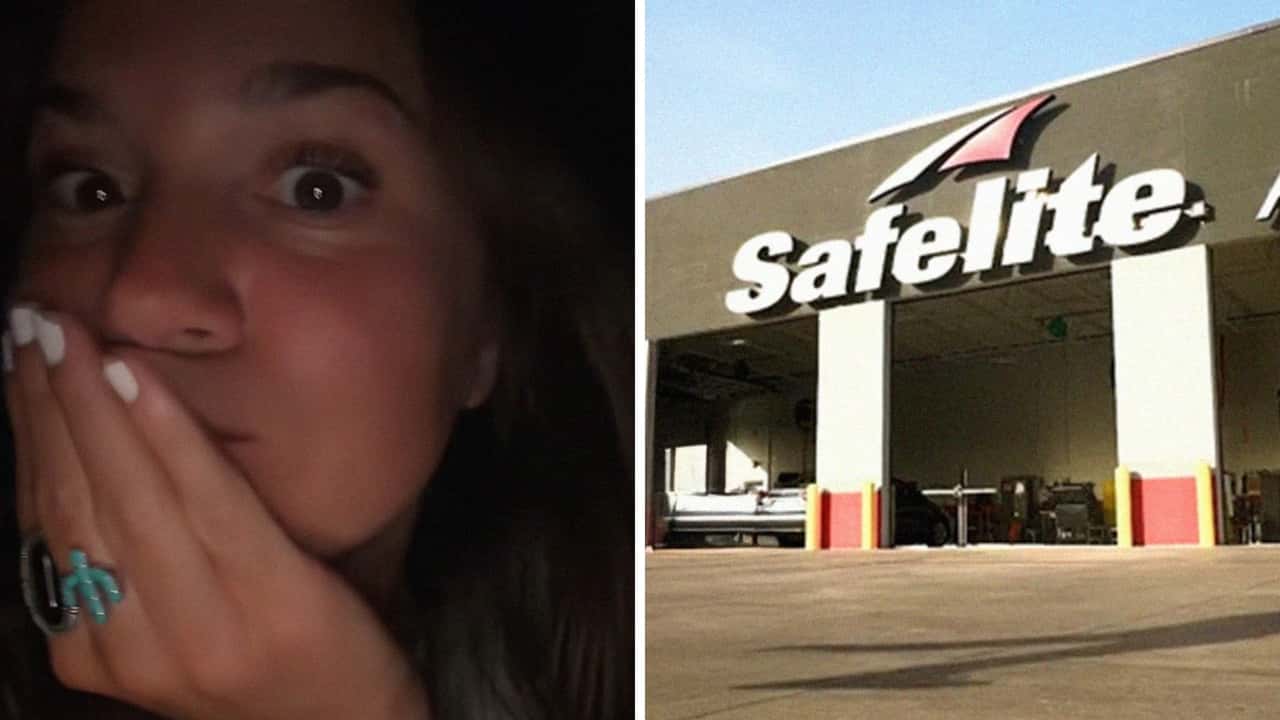 Woman gets your windshield changed at Safelite. Then she tríes to use her rearview mirror
